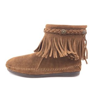 Minnetonka Hi-Top Fringe Back Zip Moccasin Boots 6